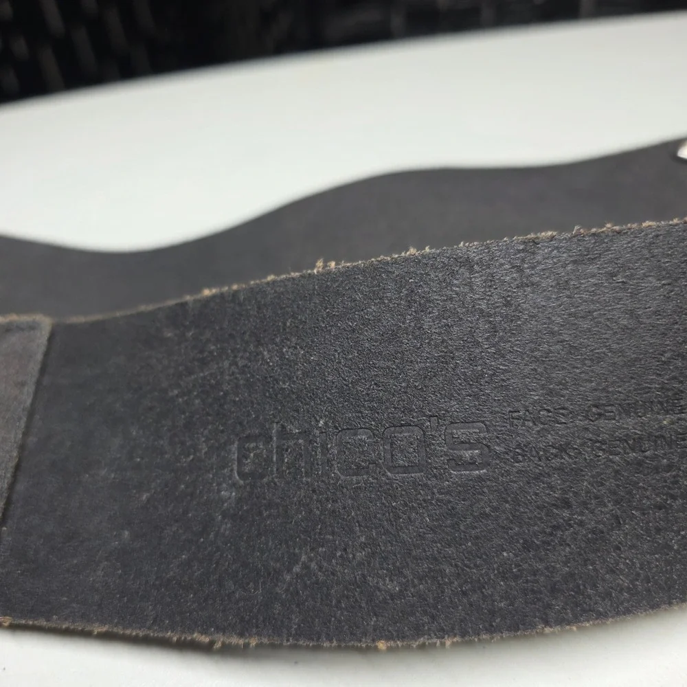 Chicos Black Genuine Leather Wide O-Ring Elastic Stretch Cinch Belt Size Medium